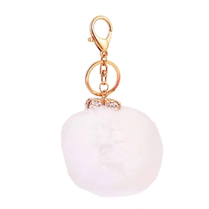 Luxurious white faux fur pompom keychain with sparkling rhinestone gold metal lobster clasp
