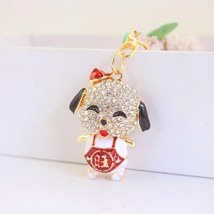 Sparkling rhinestone dog keychain with Chinese characters for good luck and prosperity