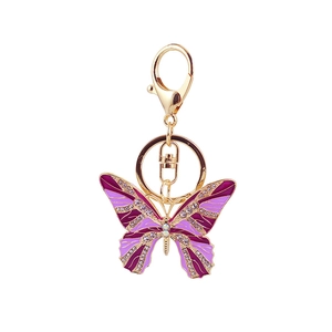 Porte-clés doré élégant avec pendentif papillon en émail dégradé violet et cristaux brillants