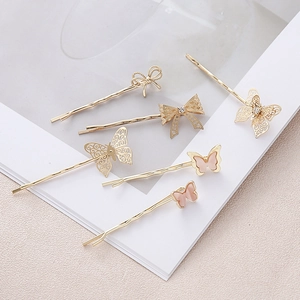 6er-Set goldene Schmetterlings-Haarspangen mit rosa Opalsteinen und Haarschmuck mit Schleifen