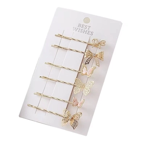 6er-Set goldene Schmetterlings-Haarspangen mit rosa Harz auf eleganter weißer Displaykarte