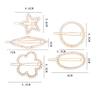 Detailed size guide for gold alloy pearl hair clips with star and floral shapes