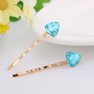 Minimalist gold alloy hair clips with light blue triangle crystal pendants for women