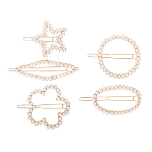 Five-piece gold alloy hair clip set with white pearls in star, round and floral shapes