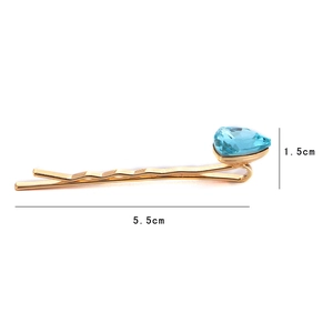 Golden geometric hair clip with a light blue teardrop crystal, length 5.5cm for women