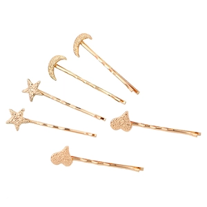 6-piece gold-plated star moon heart hair clip set with frosted matte finish texture