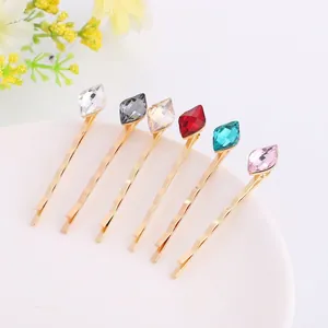 Women Elegant Alloy Gold Plated Rhombus Crystal Bobby Pins Hair Clips Sparkling Rhinestone Hair Accessories For Daily Styling Party