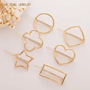Vintage Hammered Geometric Hair Clips For Women Gold Alloy Rhinestone Heart Star Clover Hairpins Side Clips Hair Accessories