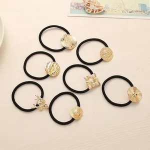 Minimalist Women High Elastic Hair Tie With Gold Alloy Charm Deer Lion Straw Hat Geometric Pattern Korean Style Hair Accessory