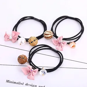 Hochelastische Haargummis Für Damen Rosa Satin Schleife Geflochtener Ball Künstliche Perlenimitat Kristall Dekor Süße Haarbänder Im Koreanischen Stil