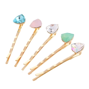 5-piece gold-plated heart gemstone hair clip set in assorted pastel crystal colors