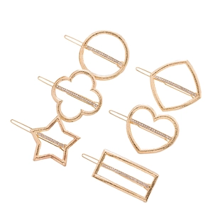 6-piece gold geometric hair clip set with sparkling rhinestones and textured metal finish