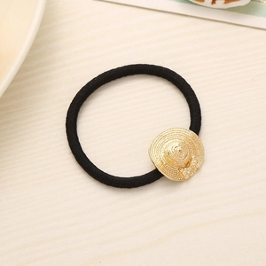 Elastic black hair tie with a textured golden straw hat charm for stylish women hair styling