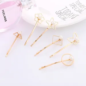 Pince à Cheveux en Alliage d'Or Géométrique de Style Coréen Avec Imitation de Künstliche Perle Élégantes Barrettes Creuses Minimalistes pour Femmes Bijoux de Fête Quotidienne