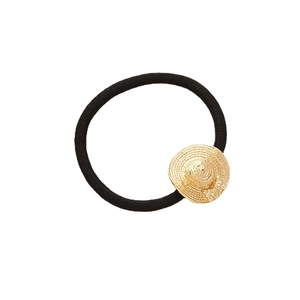 High elastic black hair tie with a textured gold straw hat charm in French pastoral style