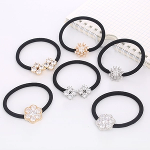 Elegant 6-piece black elastic hair tie set featuring sparkling rhinestone flowers and snowflakes