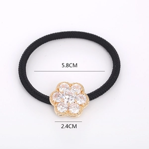 Black high-elastic hair tie with a 2.4cm crystal flower charm and 5.8cm band
