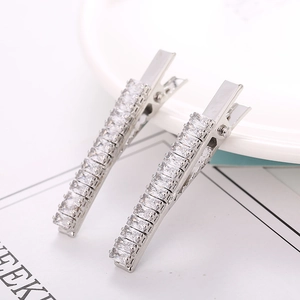 Macro shot of a pair of silver duckbill hair clips featuring luxury rectangular crystals