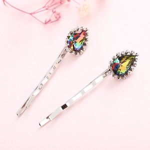 Elegant silver hair clips set with colorful waterdrop crystals and sparkling rhinestones