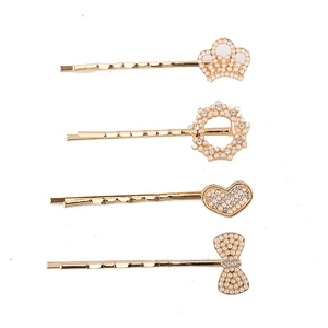 Elegant gold hair clip set with pearls and rhinestones in crown heart and bow shapes