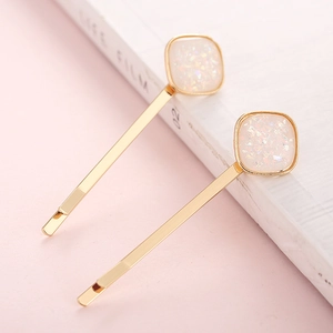 Minimalist gold alloy hair pins set with colorful square opal-effect resin accents