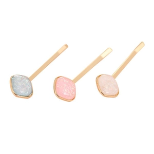 Three-piece set of square colorful hair clips in light blue, pink, and cream resin