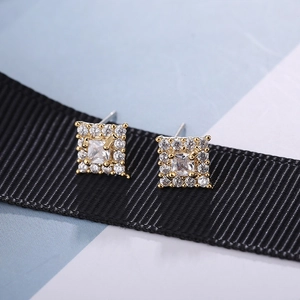 Elegant 925 sterling silver square halo stud earrings with sparkling cubic zirconia