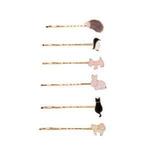 6-teiliges Set goldene Haarklammern mit bunten Emaille-Tiermotiven wie Hase und Pinguin