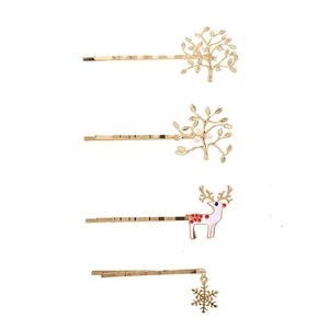 Set of four gold fashion hair clips with tree of life, deer, and snowflake designs