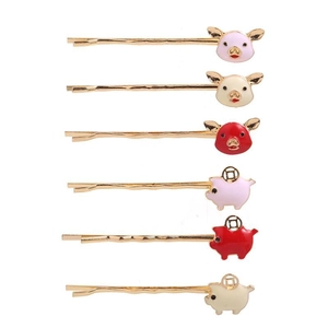 Sechser-Set bunte Schweinchen-Haarklammern in Pink und Rot mit goldener Legierung