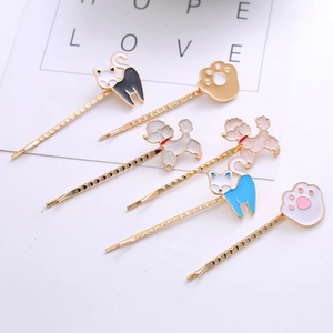 Set of 6 cute cartoon animal hair clips with cat and dog designs on gold metal pins