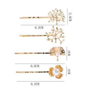 Lot de 4 barrettes à cheveux dorées avec perles et strass motifs arbre et feuille d'érable