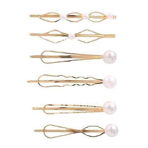 Élégant lot de 6 barrettes dorées avec perles blanches de diverses formes stylées