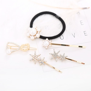 5-piece elegant hair accessory set with pearl flower hair tie and gold rhinestone clips