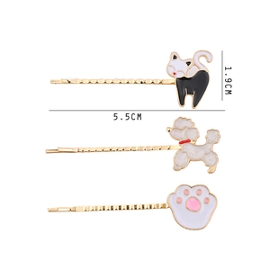 Set of 3 cartoon animal hair clips featuring cute cat and puppy enamel charms on gold metal