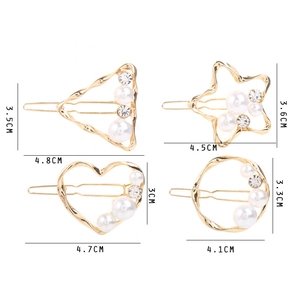 Set of four gold geometric hair clips with white pearls and rhinestones for women
