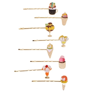 Set mit 8 goldfarbenen Haarspangen mit bunten Emaille-Eiscreme-Anhängern für Damen
