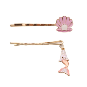 Set de barrettes dorées sirène et coquillage avec émail rose et perles de fantaisie
