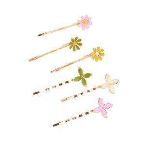 Set of 6 colorful sunflower and clover hair clips in gold alloy for women and girls