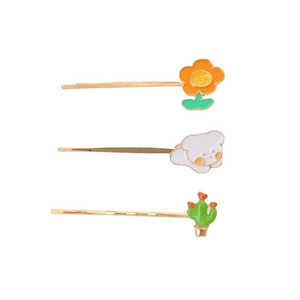 Set van drie cartoon haarspeldjes met zonnebloem, beer en cactus in goudkleurige legering