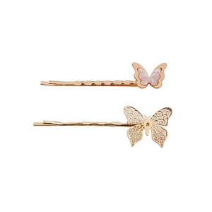 Elegant two-piece set of gold butterfly bobby pins with pink shell and filigree detail