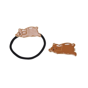 Cute brown cartoon bear hair clip and elastic hair tie set with golden metal finish