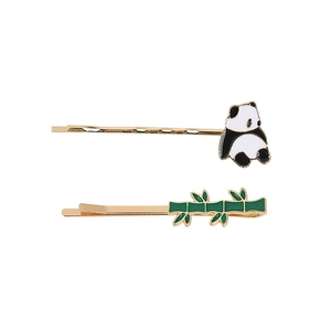 Lot de barrettes à cheveux panda et bambou en émail avec finitions métalliques dorées