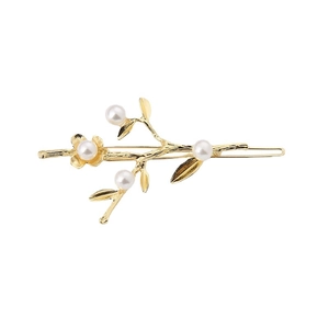 Elegant Chinese style golden plum blossom hair clip with delicate white pearls