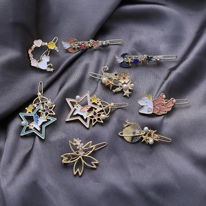 Sweet Alloy Enamel Hair Clip With Unicorn Moon Star Cat Flower Rhinestone Faux Artificial Pearl Japanese Style Hair Jewelry For Women