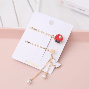 Elegant gold hair clip set with red enamel plaque, cute rabbit pendant and pearl tassels