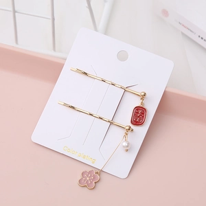 Elegant Chinese style golden hair clips with red enamel pendant and pearl flower tassel
