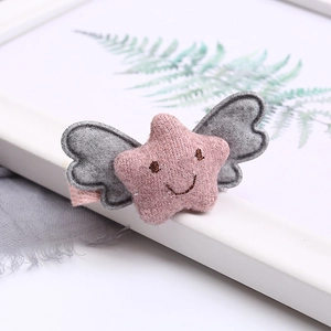 Cute pink plush star hair clip with grey wings and smile embroidery for girls
