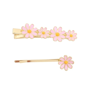 Lot de deux jolies barrettes marguerites roses en alliage doré avec finition émail