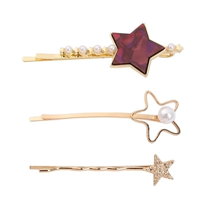 Three-piece gold star hair clip set with pearls and purple marble textured stars
